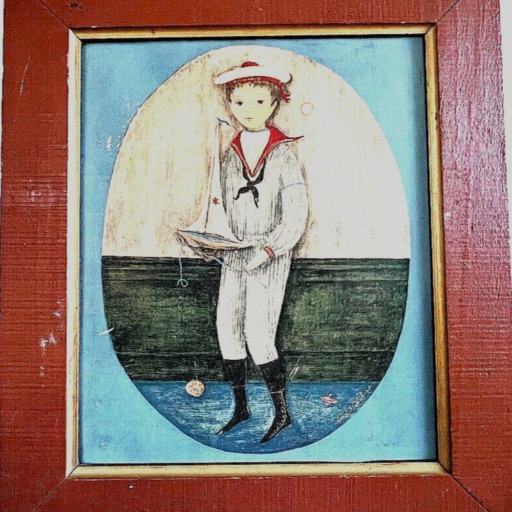 Antique Primitive Painting on Wood Boy w. Toy Ship Artist Signed Carol Blanch